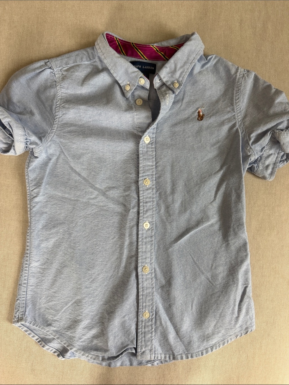 Girls Ralph Lauren Light Blue Short Sleeve Button-Down Oxford Shirt, size 8.